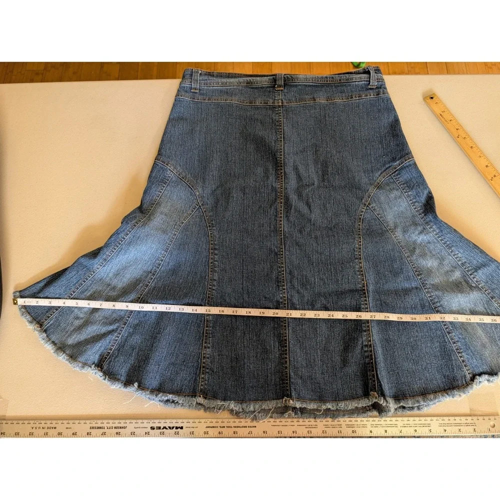 Goddess Jeans Size 18 Denim Midi Skirt Blue Frayed Hem Y2K Paneled Mermaid VTG - Picture 7 of 13